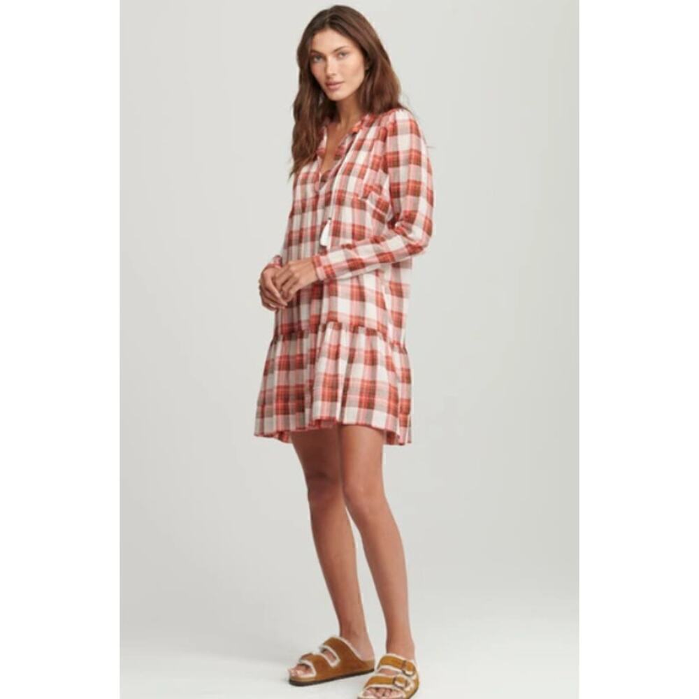 SUNDAYS Jacques Long Sleeve Plaid Dress Red Cotton Ruffle Shift Mini Women's XS